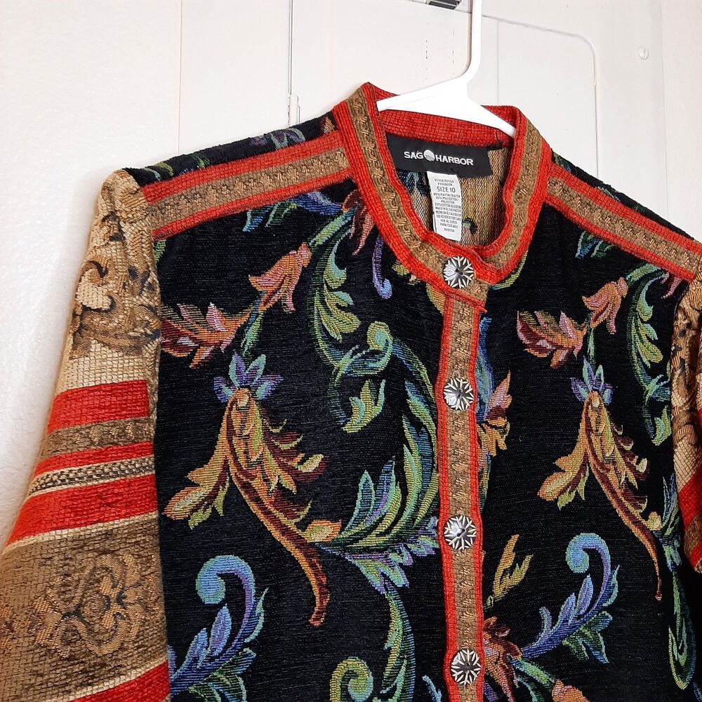 Vintage Sag Harbor Jacket Multicolor Women Sz 10 Tapestry Long Sleeve Button Up - Picture 6 of 10